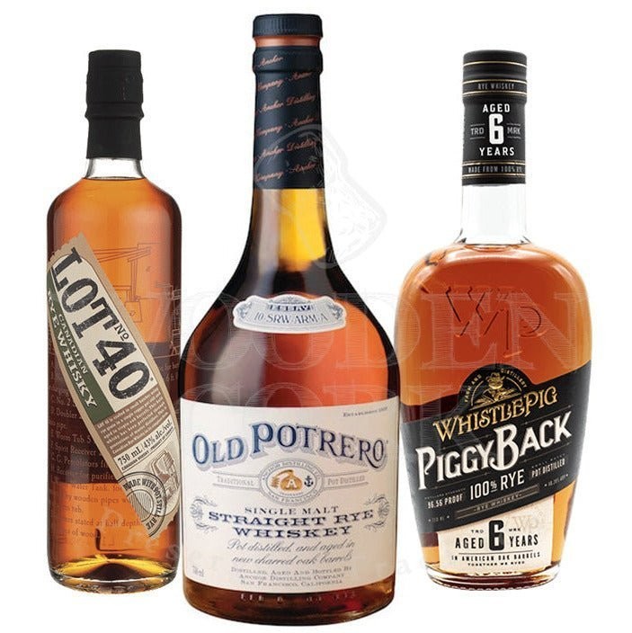 Old Potrero Straight Rye, Lot 40 Rye and WhistlePig PiggyBack Bundle